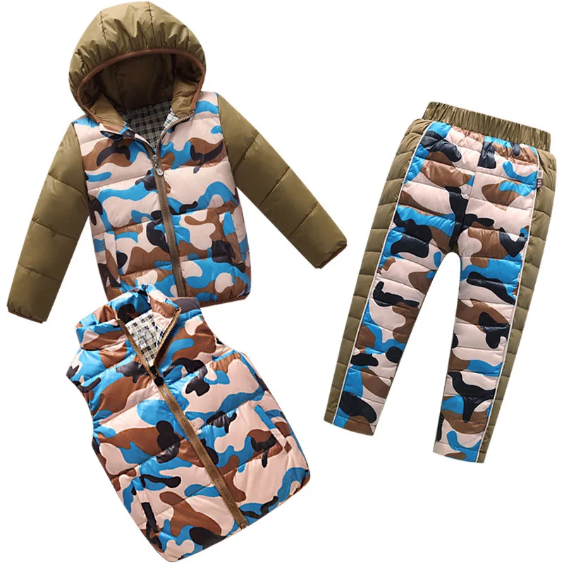 

New 2019 Boy Set Winter Down Jackets Suits Warm Down Coat Set Children Outerwear 3Pcs Sets(Coat+Vest+Pants) Girls Down Clothing