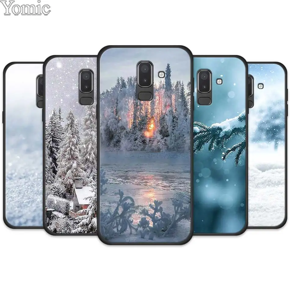 

Silicone Mobile Phone Case for Samsung Galaxy J4 J6 J8 Plus 2018 J4Plus J6Plus Black Cases Cover Landscape Winter Light Snow
