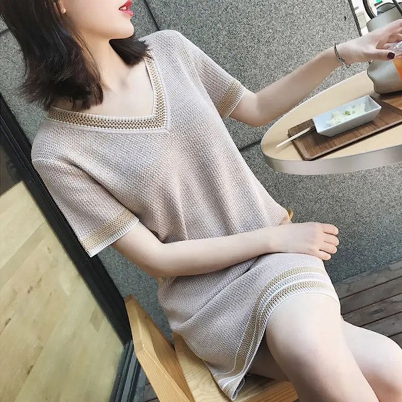 

Summer New Large Size Women's Sweater Dress Fashion Casual Slim Short Sleeve Ice Silk Knit Jumper Loose Vestidos Mini Dress f774