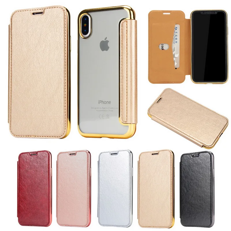 

Luxury Flip Book Leather Card Stand Case For iPhone X 5 5S 6 6S Plus Plating TPU Silicone Clear Back Cover For iPhone X 8 7 Plus