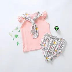Модные летние для маленьких девочек Повседневный стиль, расклешенный рукав хлопковые топы жилет цветочный трусы с рисунком шорты костюмы