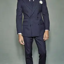 Итальянский стиль темно-синий смокинг жениха в полоску мужские свадебные вечерние английские костюмы двубортный деловой костюм(пиджак+ брюки+ жилет