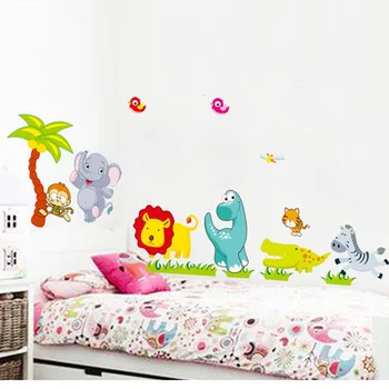 

% Cartoon Jungle wild Animals DIY 3D vintage wallpaper vinyl wall stickers for kids rooms child wall art decals home decoration