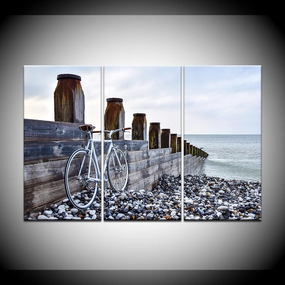 

Canvas Print Painting Modular Wall Art Pictures Framed 3 Pieces Beach Sky Seaside Bike Poster Living Room Home Decor Artwork