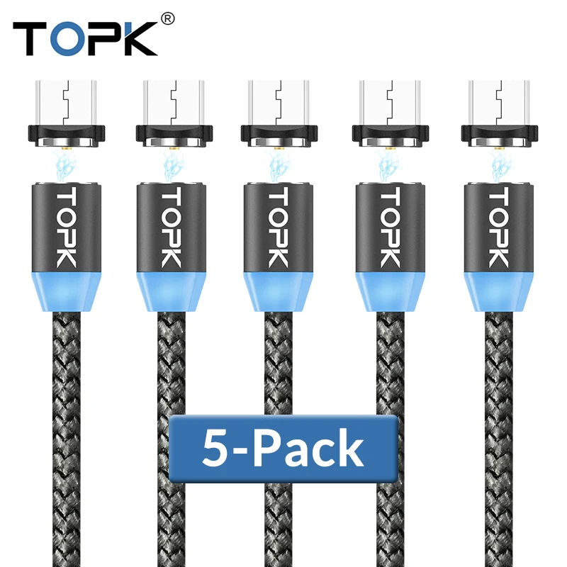 

TOPK [5-Pack] R-Line1 LED Magnetic Micro Cable Nylon Braided Magnet High Speed Charger Cable For Micro USB Port Phone Cables