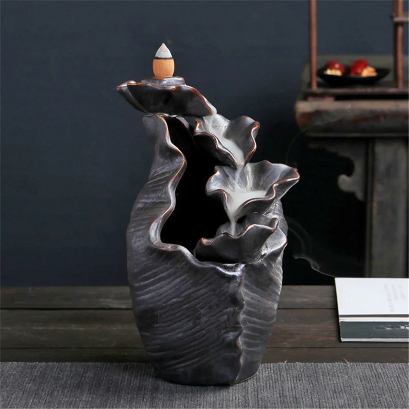 

Retro Lotus Waterfall Backflow Incense Burner Smoke Waterfall Incense Holder Vase Shape Home Office Ceramic Censer