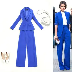 Женская одежда большого размера Женская Весна и лето новый OL синий тонкий костюм на одной пуговице широкие брюки женский костюм