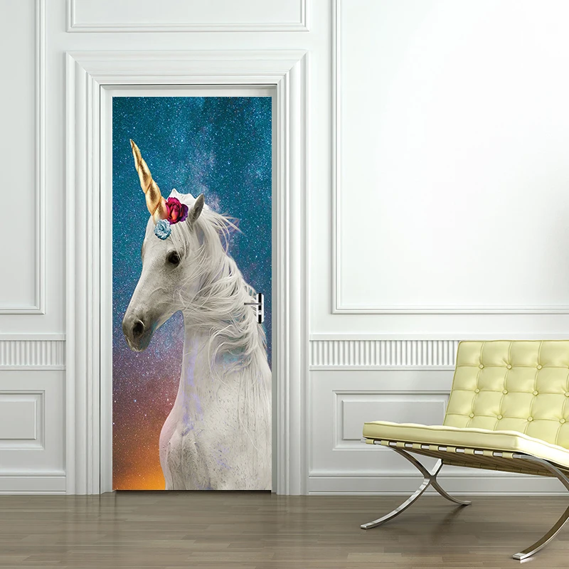 

77x200cm Creative Animal White Horse Door Stickers Painting Wallpaper Poster Wall Sticker Bedroom Living Room Home Decoration