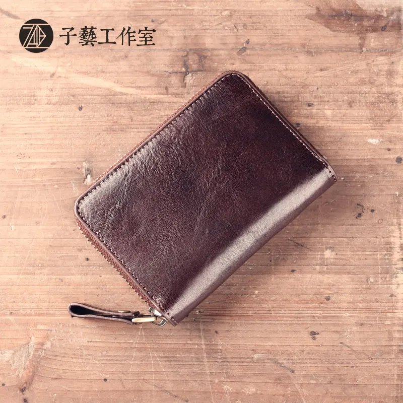 

Small wallet handmade leather head layer cowhide brief paragraph ms mini card bag zipper zero wallet restoring ancient ways