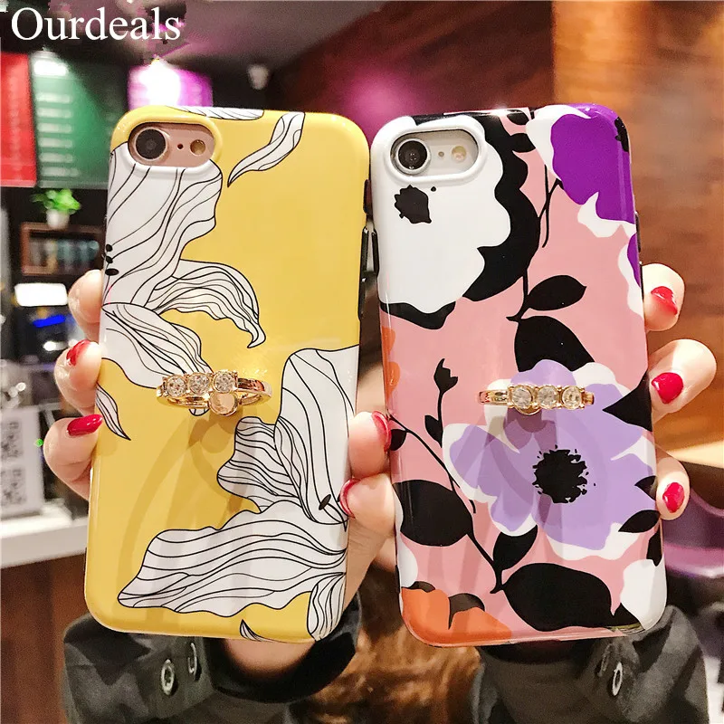 

Ourdeals Flower Ring Bracket Phone Case For iphone XS MAX For iphone XR X 6 6s 8 7plus All inclusive Soft Shell IMD Back Cover