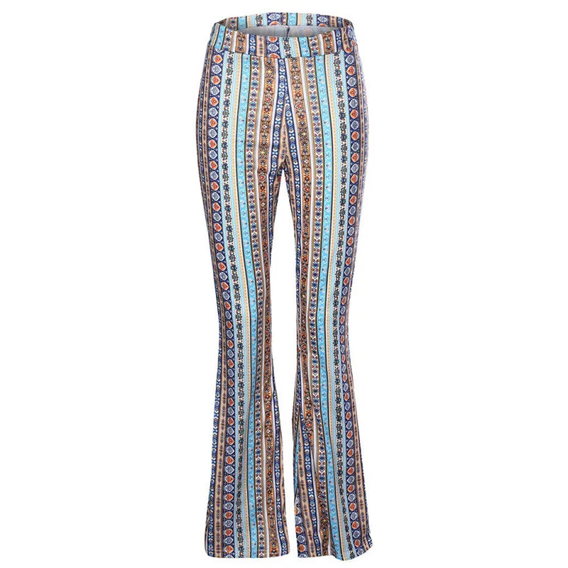 Элегантные расклешенные брюки Boho для женщин в полоску с принтом хиппи брюки высокая эластичная талия Винтаж стрейч этнический стиль расклешенные брюки