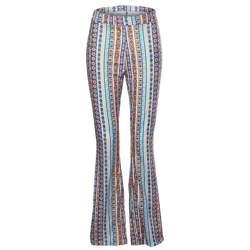 2018 Boho Women Striped Printed  Hippie Pants Flare Pants High Elastic Waist Vintage Stretch Ethnic Style Bell Bottom Trousers