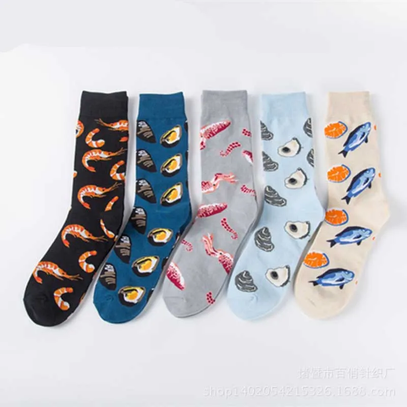 

1 Pair Seafood Picture Cotton Art Socks Men 2018 New Spring Deodorant Breathable Harajuku Fashion Business Funny Socks Gift