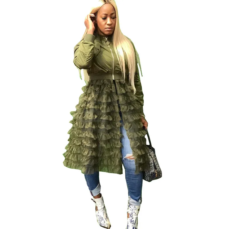 

Plus Size Green Bomber Jacket Women Autumn Winter Streetwear Korean Harajuku Jacket Layered Mesh Ruffle Black Long Coat Outwear