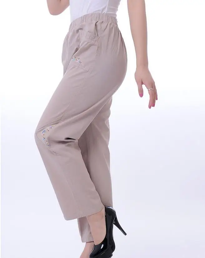 

Woman Fall Plus Size High Elastic Waist Solid Straight Full Length Pants Female Summer Thin Cotton Loose Embroidery Trousers