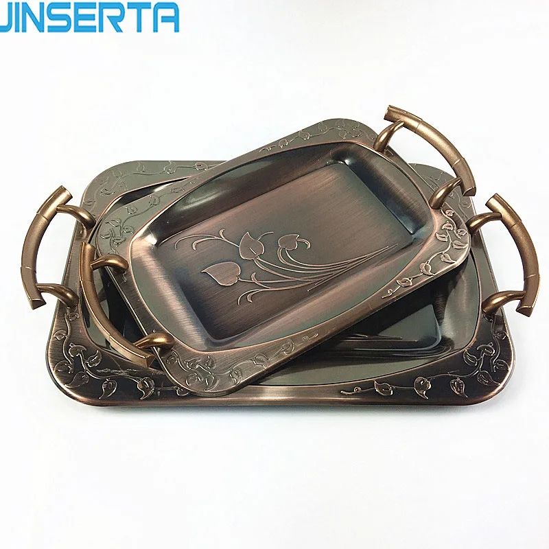 

JINSERTA Metal Serving Tray Jewelry Display Plate Retro Dessert Fruit Cake Tray with Handle Home Party Decoration Organizer