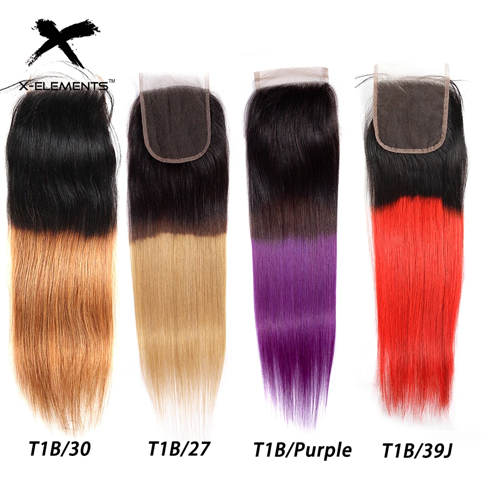 X-Elements Ombre Color 4x4 Lace Closure Brazilian Human Hair Straight Closure Remy Hair Closure T1BPurple T1B30 T1B27 T1B39J (1)