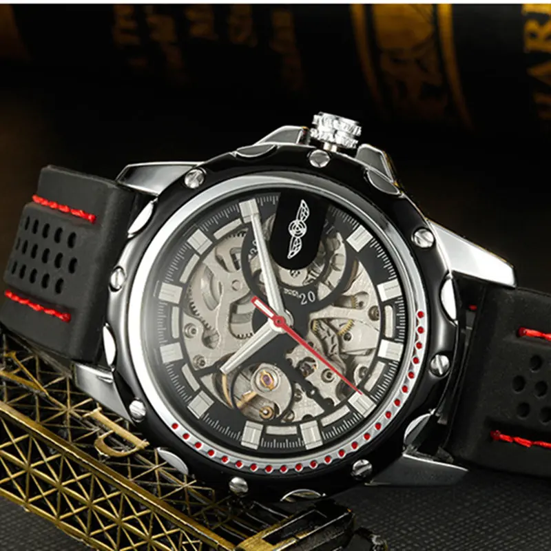Prix pour 2016 nouveau gagnant mode hommes Silicone sport montre squelette de la main mécanique à remontage automatique montre - bracelet militaire horloge Erkek Kol Saati Prix pour 2016 nouveau gagnant mode hommes Silicone sport montre squelette de la main mécanique à remontage automatique montre - bracelet militaire horloge Erkek Kol Saati