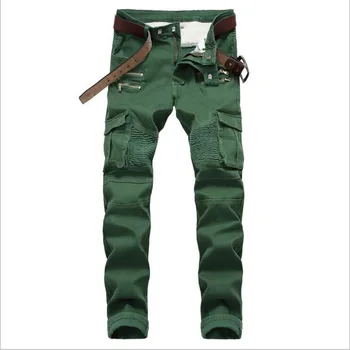 

Men Jeans Washed Moto Denim Pants Ripped Rider Pocket Jeans Retro Motorcycle Military Slim Fit Denim Pants