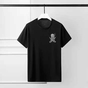 

100% Cotton Men T-shirts Luxury Skull Crystal Diamond Short Sleeve Round Collar Man T-shirts Fashion Party Nightclub T-shirt Men
