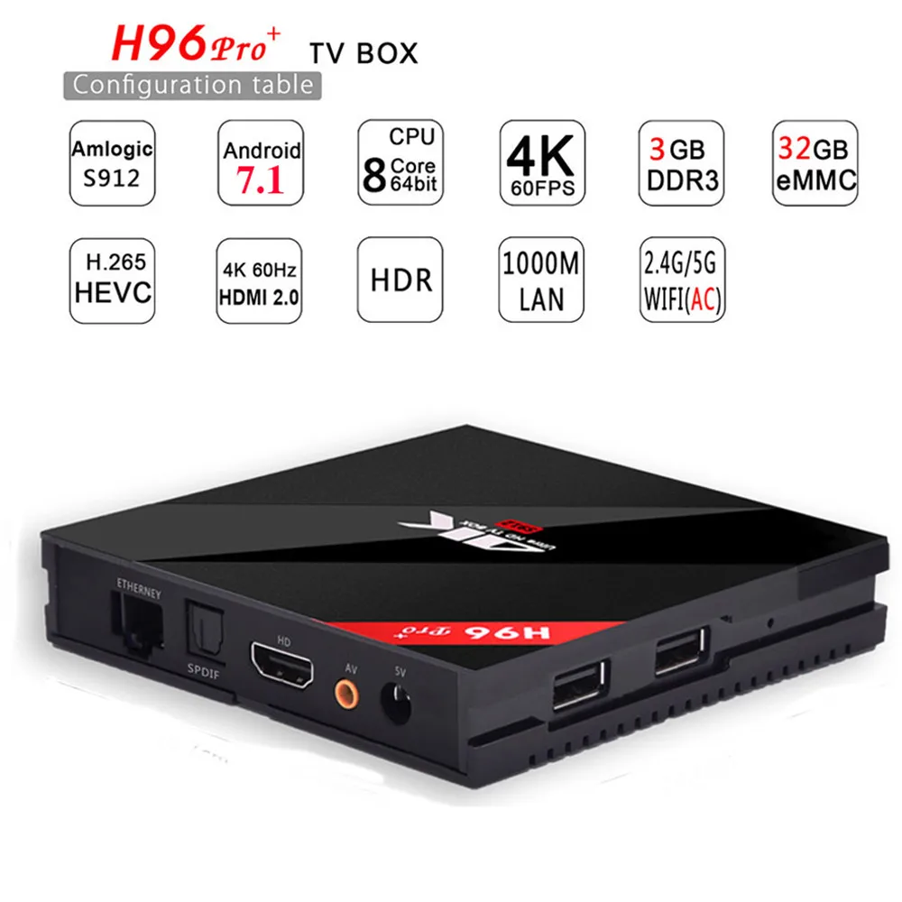 IPTV подписка Европа H96pro+ Смарт Android ТВ коробка Android 7,1 Amlogic S912 Восьмиядерный UHD 4K 3 GB/32 GB Мини ПК 2,4G& 5G WiFi