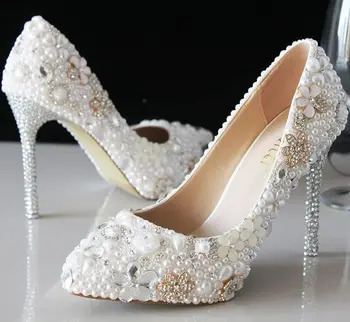 

White Pearl Crystal Wedding Shoes Pearl Bridal Shoes Rhinestone Handmade High Heels White Thin Heels Pointed Toe Shoes Pumps