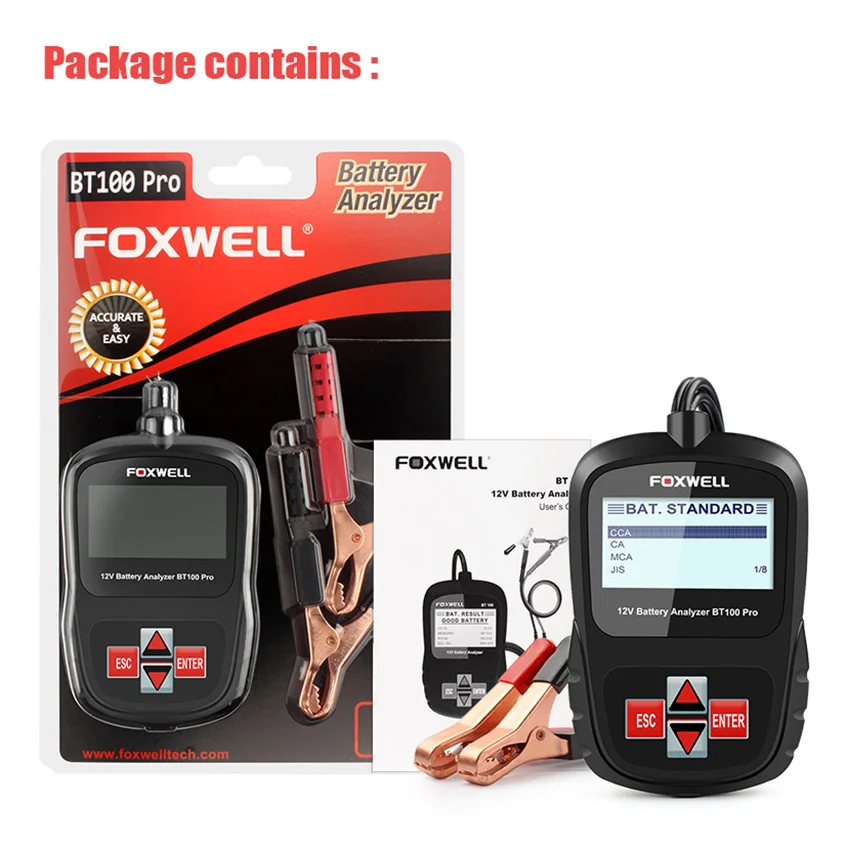FOXWELL BT100 PRO 6 V 12 V tester akumulatora samochodowego do zalania AGM GEL 100 do 1100 CCA 200 AH Test 6 V 12 Volt analizator samochodowy FOXWELL BT100 PRO 6 V 12 V tester akumulatora samochodowego do zalania AGM GEL 100 do 1100 CCA 200 AH Test 6 V 12 Volt analizator samochodowy