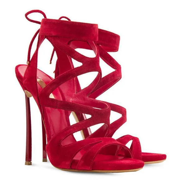 Fashion Red Gold Leather Lace Up Strappy Women Sandals Cut-out Stiletto High Heels Gladiator Sandals Women Pumps Sandalias Mujer (26)