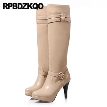 

Long Winter Fall Knee High Waterproof Boots Women Stiletto Belts Riding 10 Ladies Slim Big Size Female Heel Equestrian Shoes New