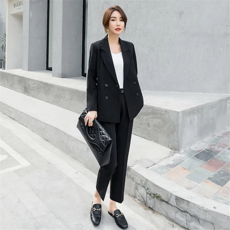 

Two Piece Set Women Black Blazer and Pants 2 Piece Sets 2019 New Spring Autumn Korean Fashion Office Lady Loose Slim Set LR256