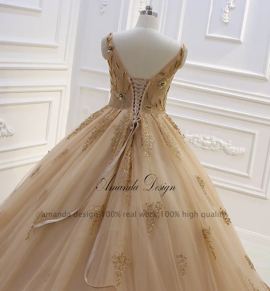 Amanda Design abendkleider V-Neck Lace Appliqued Beading Gold Wedding Dress with Wraps