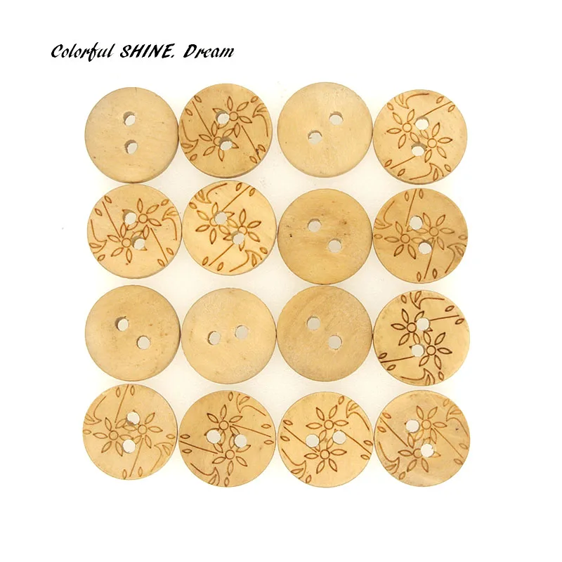 

20PCs Wholesale Nutural Wooden Buttons Round Laser Flower Design Scrapbooking Sewing Accessories DIY Craft 2 Holes 15mm Dia.