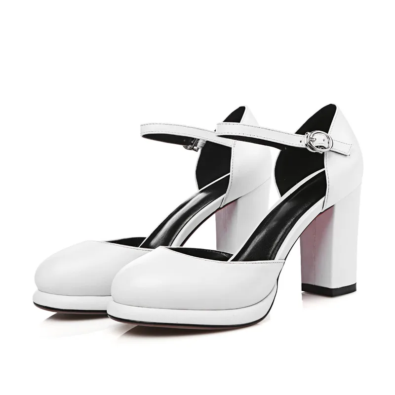 YMECHIC/женские летние туфли Mary Jane из натуральной кожи на массивном каблуке; женские туфли-лодочки на высоком каблуке с ремешком на щиколотке; Цвет черный, белый; - Цвет: Белый