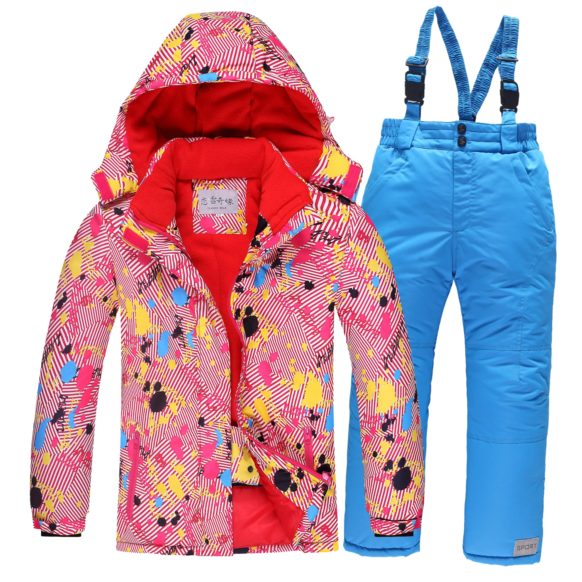 OLEKID Детский зимний лыжный костюм теплая ветронепроницаемая куртка для девочек+ комбинезон комплекты одежды для мальчиков 3-16 лет зимний костюм для детей - Цвет: as picture