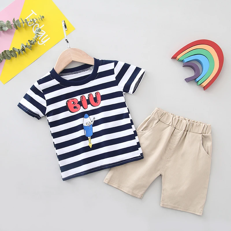 

Summer Kid Clothes for Boys Short Sleeve Striped Cartoon Print Tops T-shirt+Shorts Casual Clothing Sets