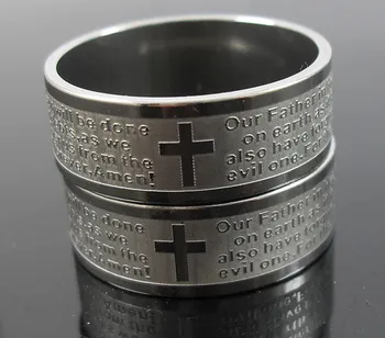 

30pcs Etch Silver English Lord's Prayer Cross Jesus Stainless Steel Ring Engrave Men's Religious Jewerly Wholesale Hot Sale