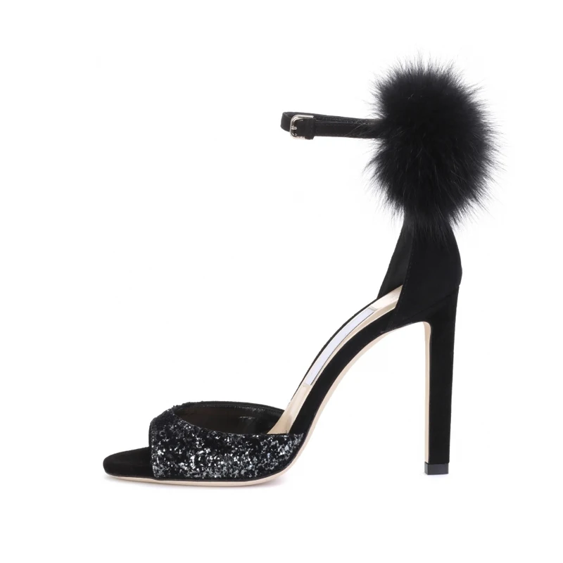 

Ladies folck red/black high heel sandals 2018 summer new fashion open toe sexy thin super high heel woolball sandals