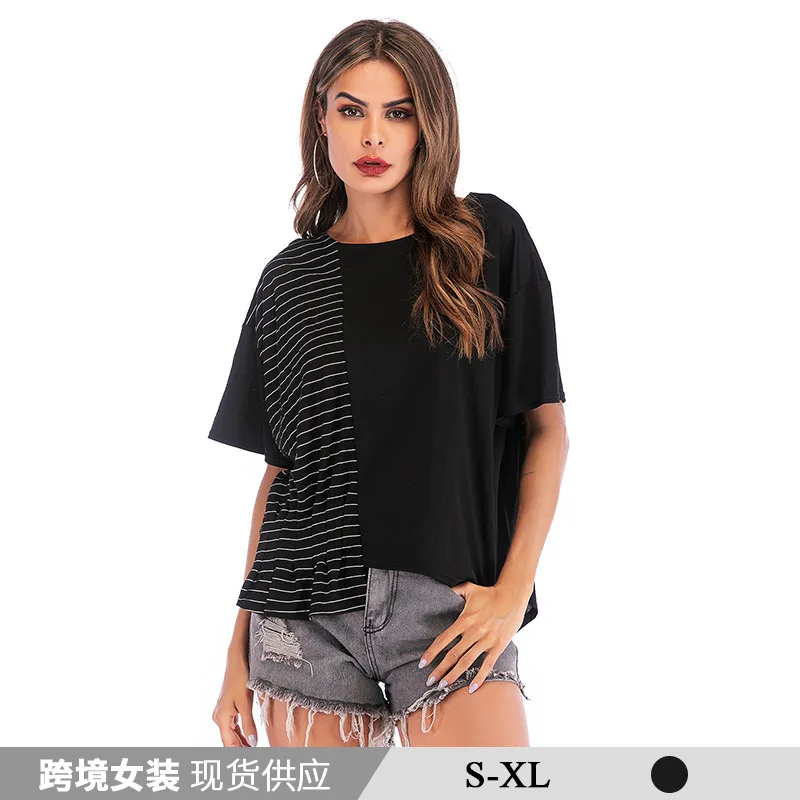 

Summer T-shirt women 2018 Europe and the United States new stitching contrast striped female bat sleeve loose irregular coat