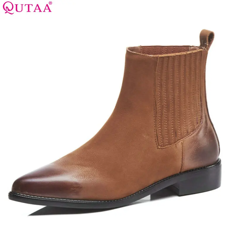 

QUTAA 2019 Pointed Toe Women Ankle Boots Platform All Match Elastic Fabric Cow Suede Women Motorcycle Boots Big Size 34-42