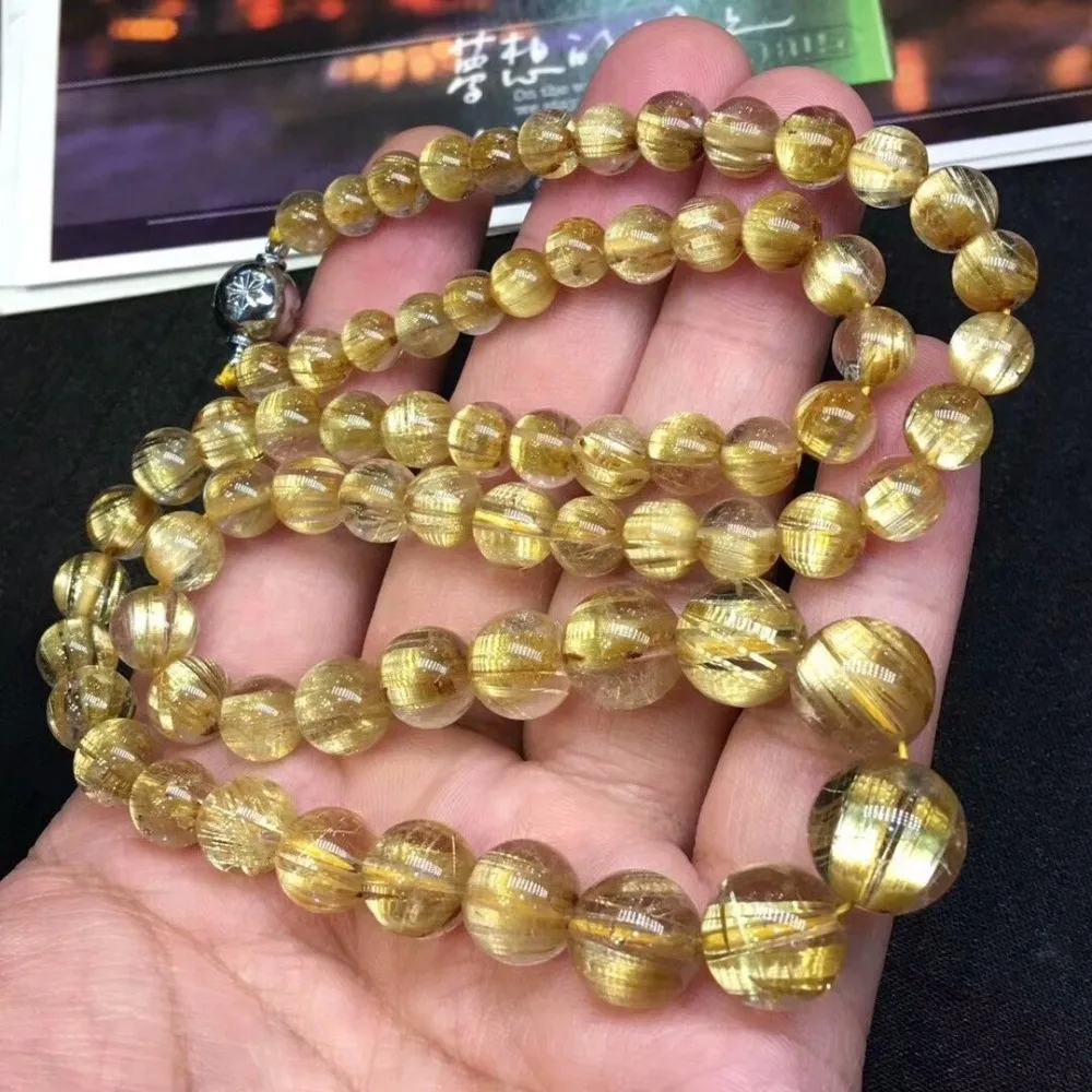 

Natural Titanium Gold Rutilated Quartz Long Bead Necklaces Crystal Woman Man Wealthy Necklaces 5-12mm AAAAAA Certificate