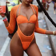 Сетка оранжевый Холтер цельный купальник пляжная одежда с длинным рукавом боди сексуальный прозрачный бикини купальник с высокими плавками Монокини