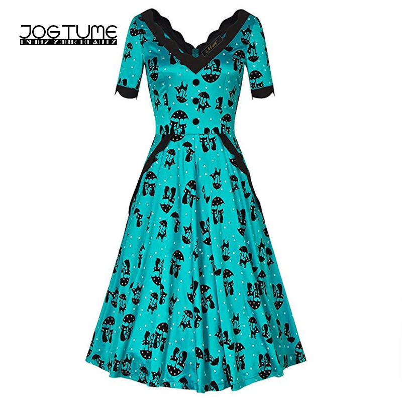 

JOGTUME 2017 Women's Vintage Dress Cat Print Retro V-neck Hepburn Dresses Ladies Party Vestidos Green Blue Color Fashion Style