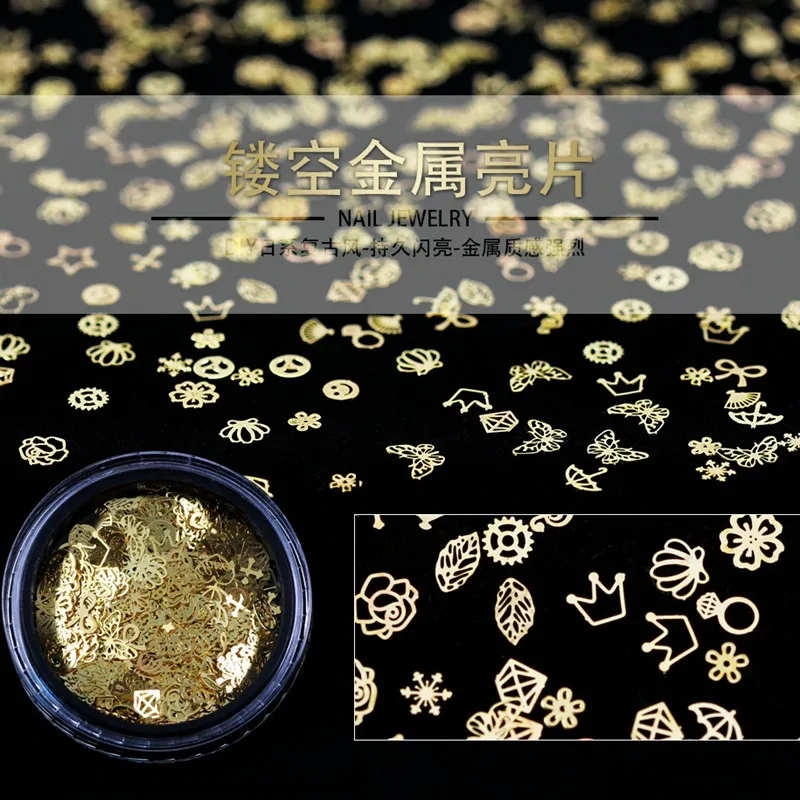 400 шт/баночка в японском ретро стиле, многообразные смешанные дизайны, полые золотые металлические блестки, блестки для ногтей, украшения для среза, сделай сам