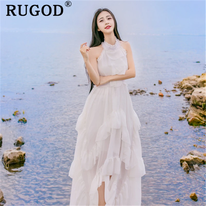 

RUGOD summer elegant backless long dress women Korean chic Ruffles irregular chiffon maxi dress female Casual hater party dress