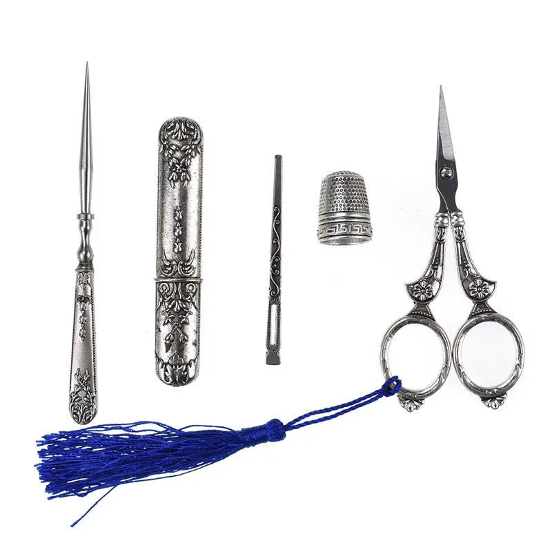 

European Sewing Scissors Set Vintage Silver Scissors Embroidery Tool Awl Threader Thimble Needle Case DIY Sewing Tools for Mom