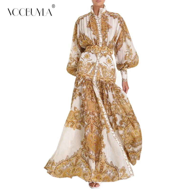

Voobuyla Vintage Print Maxi Dress For Women Belt Waisted Lantern Sleeve Long Dresses Female Fashion Autumn 2019 Elegant Clothes