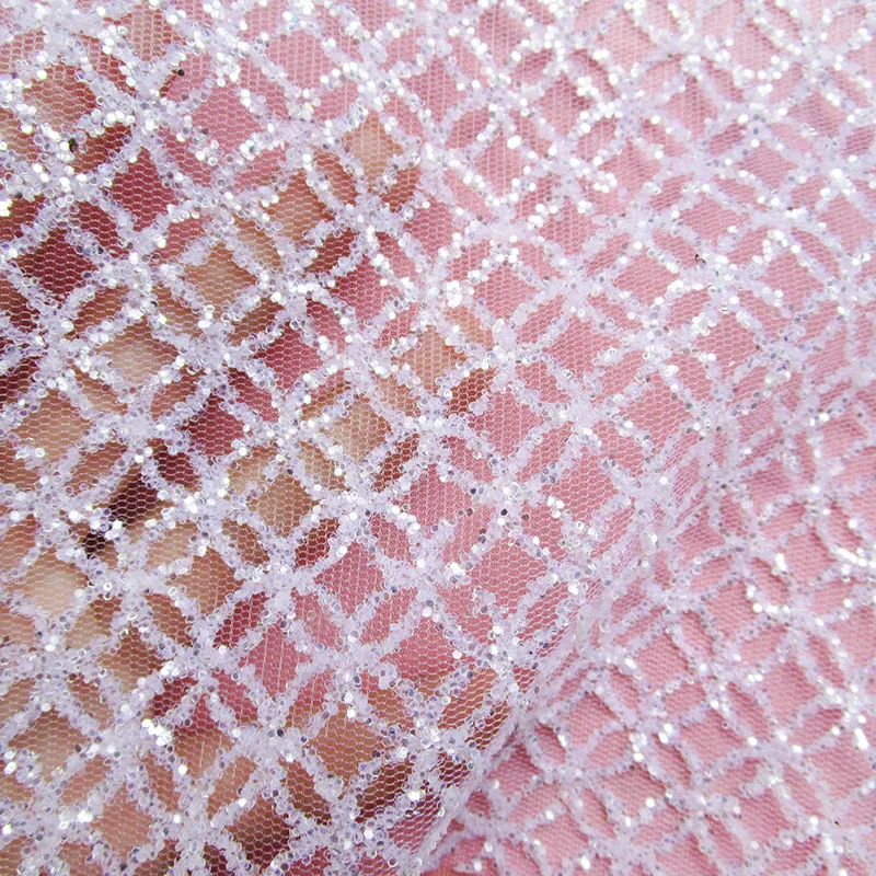

French Wedding dresses Snowy white Glitter Mesh Fabric Glue Sequins print Net fabric African Shiny Transparent Party Dress Cloth
