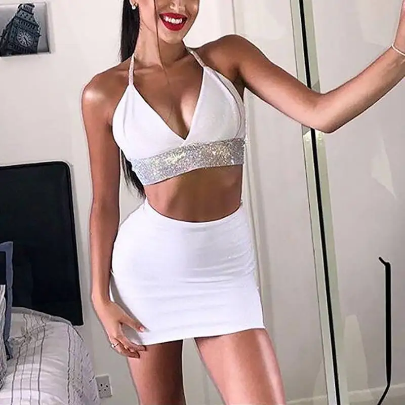

Sexy Diamonds Halter Mini Two Piece Set Dress Deep V-Neck Summer Women Dress Backless NightClub Ladies Dress