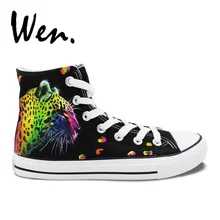 Вэнь оригинальные окрашены вручную обувь дизайн пользовательские красочные леопардовые узор мужские женские высокие холщовые кроссовки для подарков