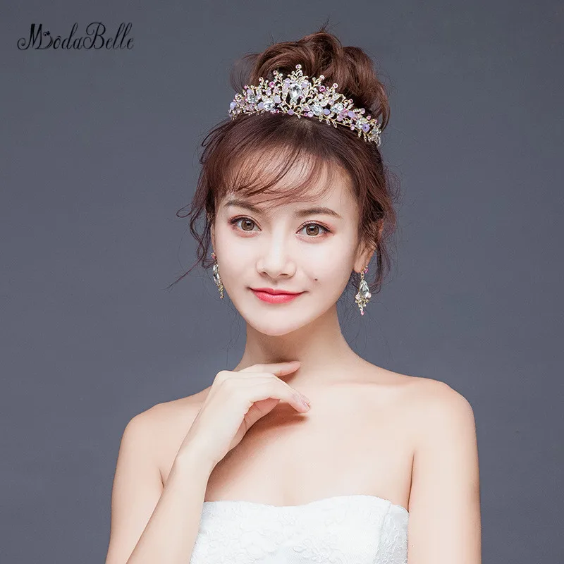 

modabelle 2019 New Handmade Baroque Crystal Pearl Bridal Crown Tiaras Pink for Wedding Hair Accessories Sets Bride Headpiece